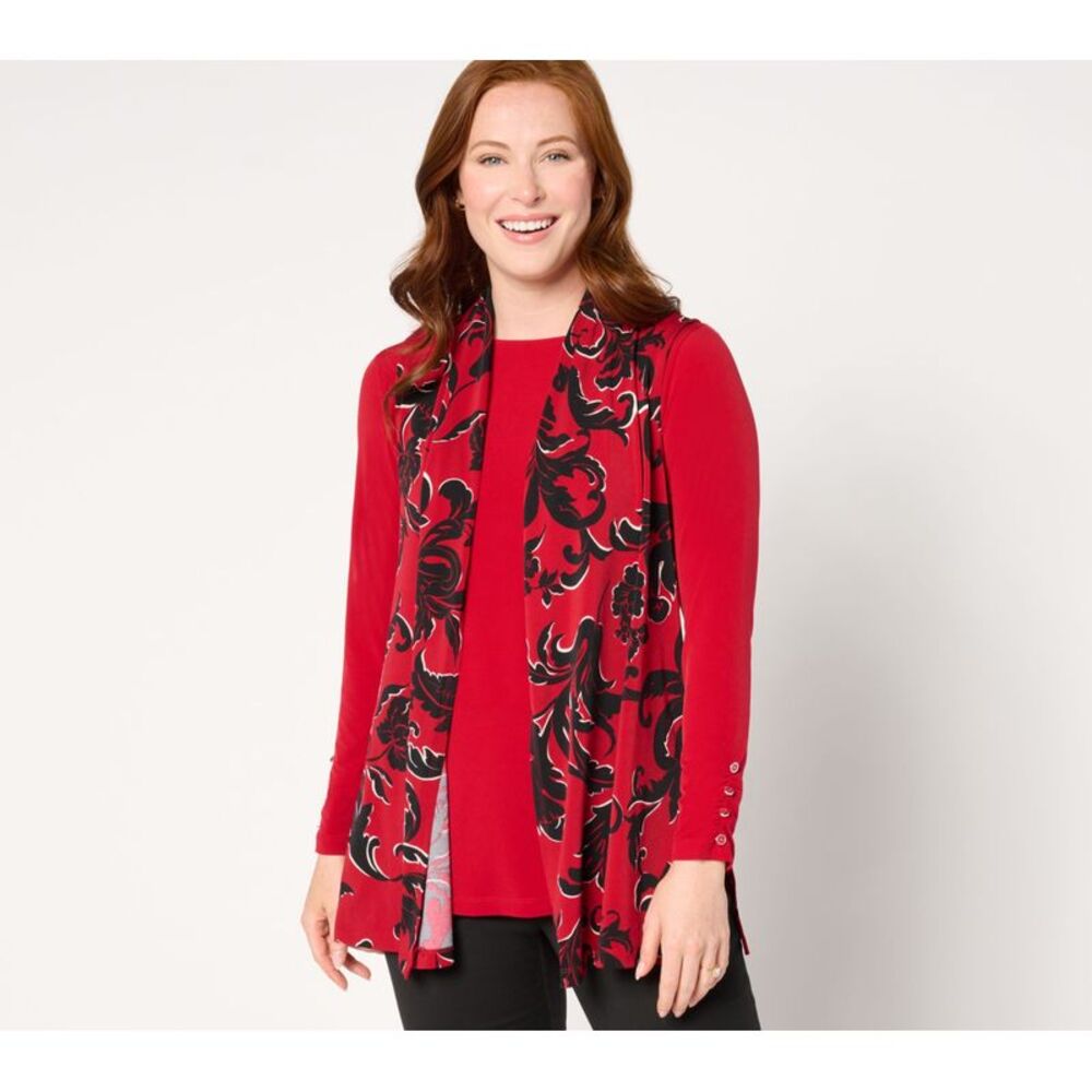 Susan Graver Women's Top Petite 3XP Printed Textured Liquid Knit Vest Red